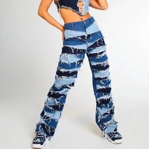Jaded London Patchwork Blue Jeans